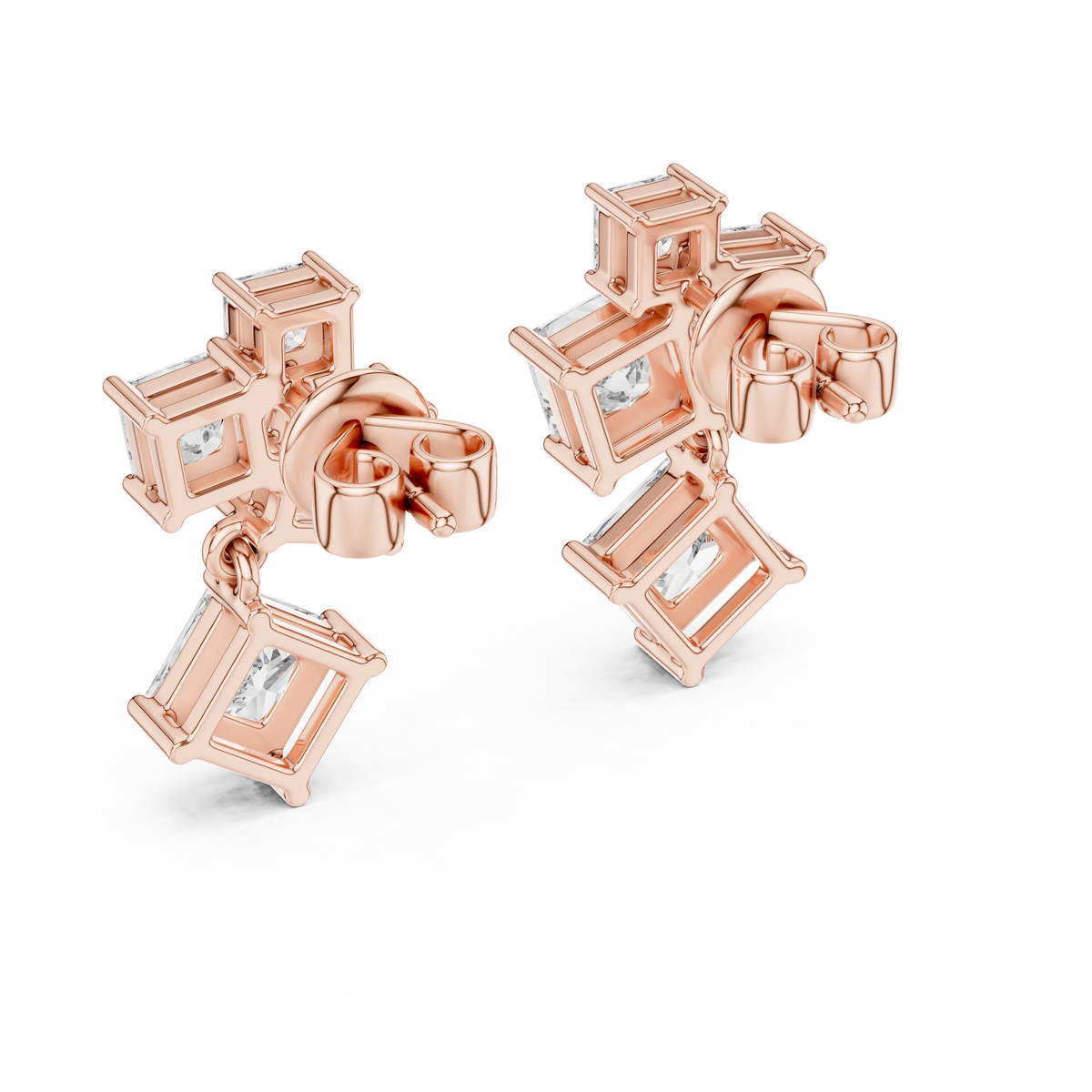Princess cut moissanite cluster drop earrings in rose 925 sterling silver, view 3