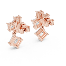 Princess cut moissanite cluster drop earrings in rose 925 sterling silver, view 3