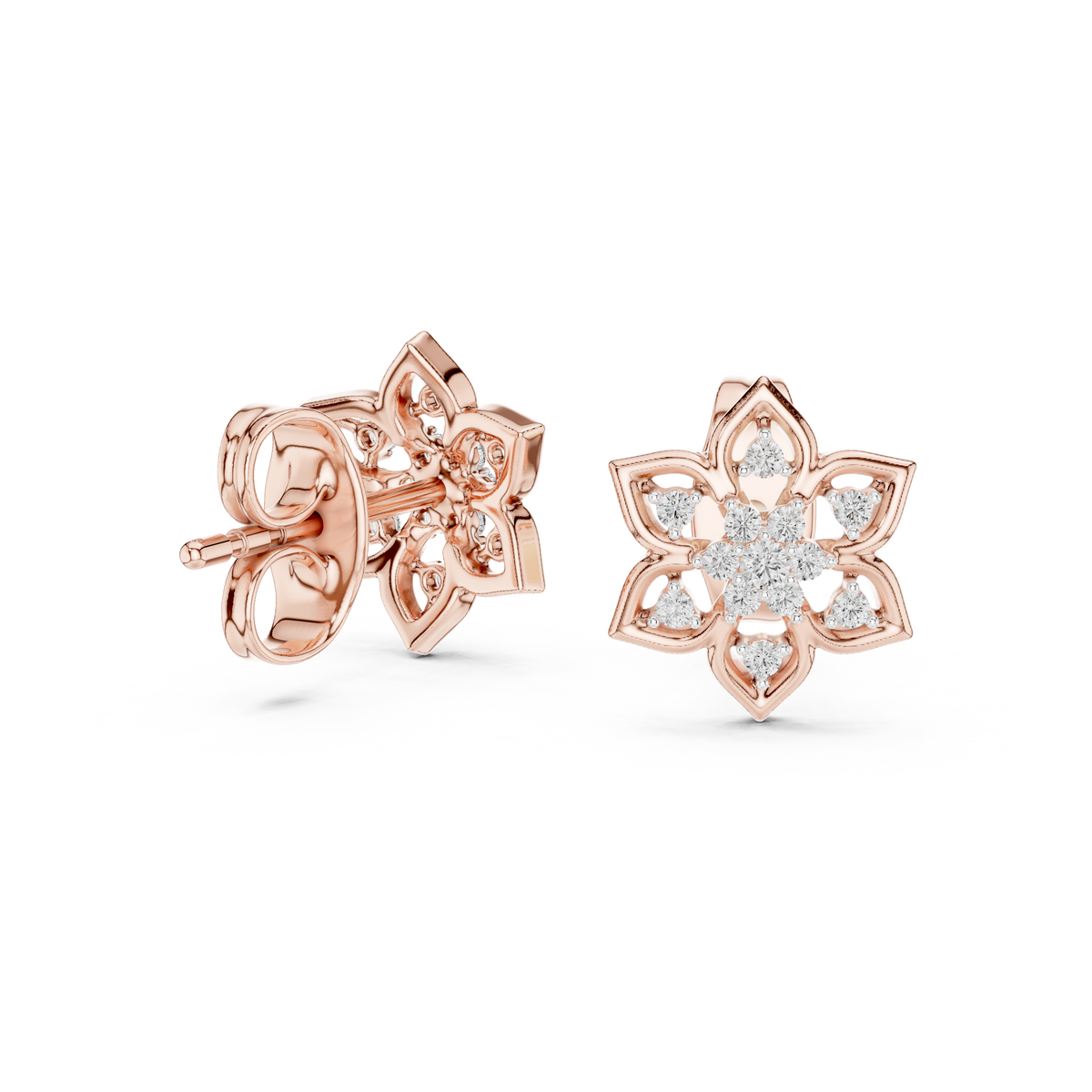 Moissanite Lotus Star Stud Earrings in rose 925 sterling silver, view 1
