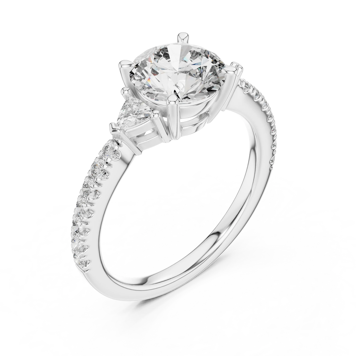 Round Moissanite Ring with Trillion Sides and Pavé Band in white 925 sterling silver, view 2