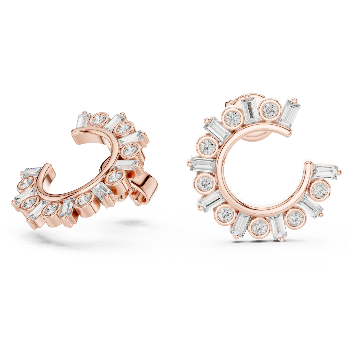Baguette and round moissanite front hoop earrings in rose 925 sterling silver, view 1