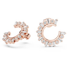 Baguette and round moissanite front hoop earrings in rose 925 sterling silver, view 1