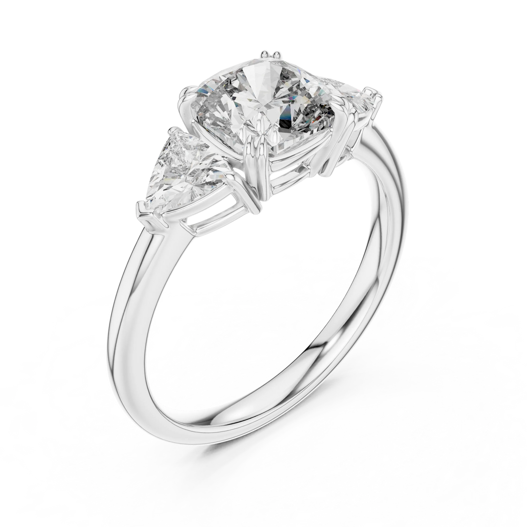 Cushion and Trillion Three Stone Moissanite Ring, Large Side Stones in white 925 sterling silver, view 2