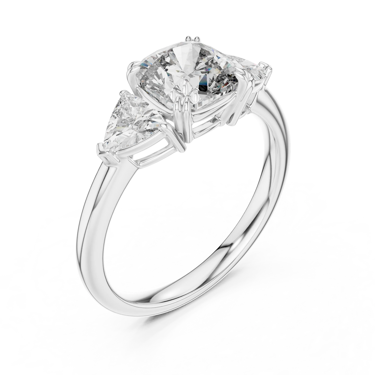 Cushion and Trillion Three Stone Moissanite Ring, Large Side Stones in white 925 sterling silver, view 2