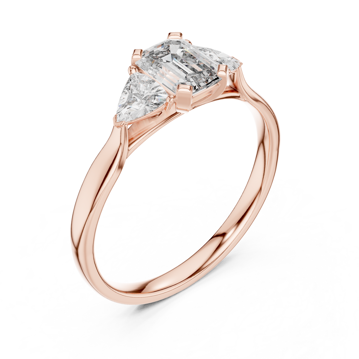 Emerald Cut and Trillion Three Stone Moissanite Ring in rose 925 sterling silver, view 2