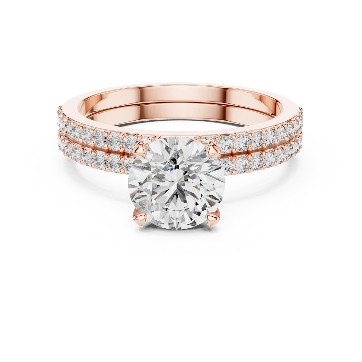 Round Solitaire Moissanite Ring with Double Pavé Band in rose 925 sterling silver, view 4