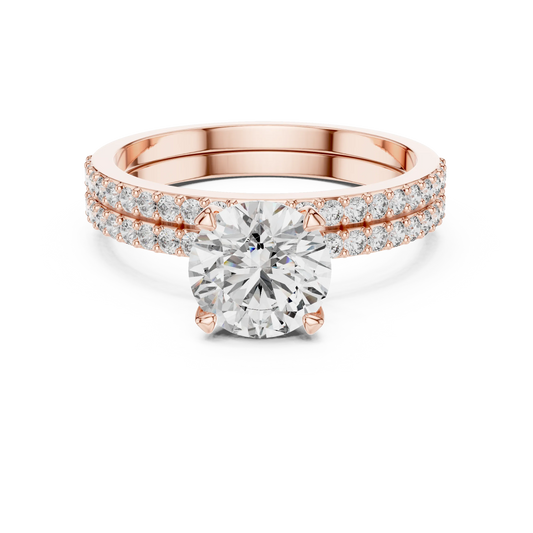 Round Solitaire Moissanite Ring with Double Pavé Band in rose 925 sterling silver, view 4