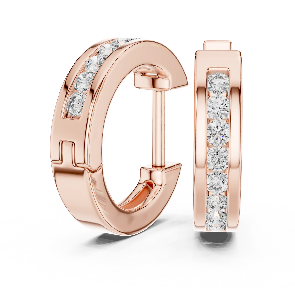 Moissanite channel set huggie earrings in rose 925 sterling silver, view 1