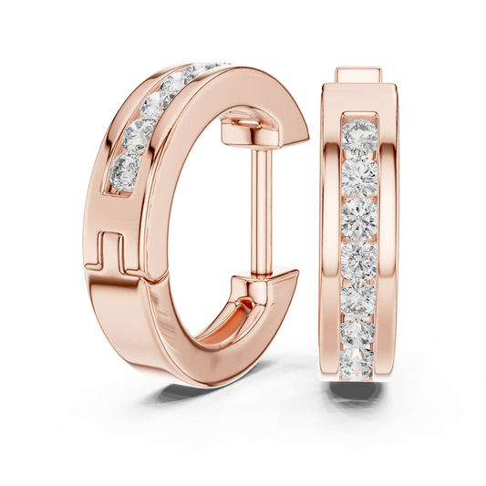 Moissanite channel set huggie earrings in rose 925 sterling silver, view 1