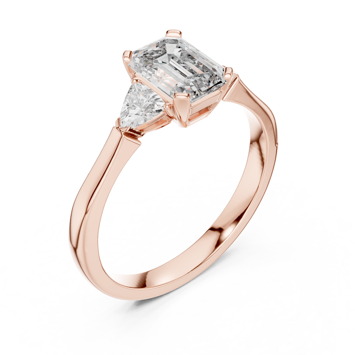 Emerald Cut and Trillion Three Stone Moissanite Engagement Ring in rose 925 sterling silver, view 2