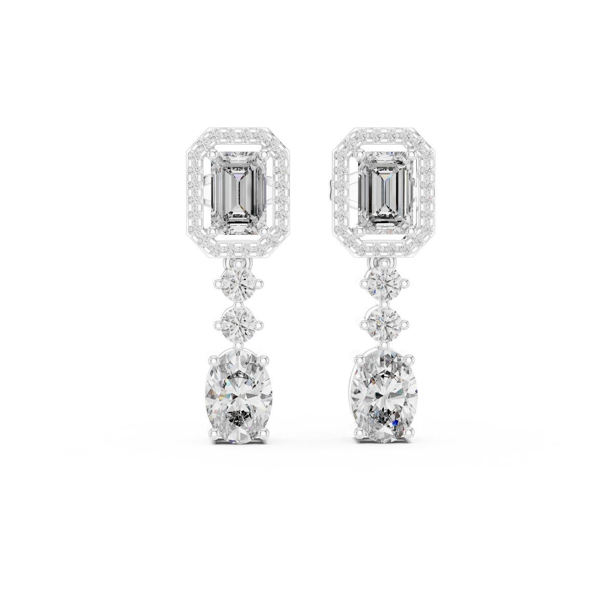 Emerald Halo Moissanite Oval Drop Earrings in white 925 sterling silver, view 4