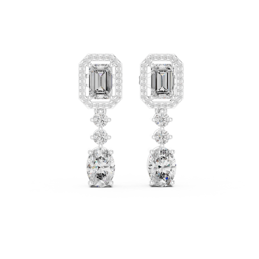 Emerald Halo Moissanite Oval Drop Earrings in white 925 sterling silver, view 4