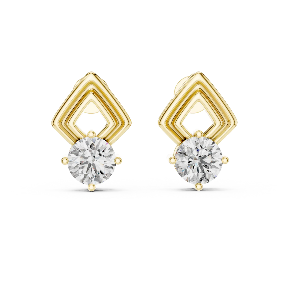 Round moissanite geometric frame stud earrings in yellow 925 sterling silver, view 4