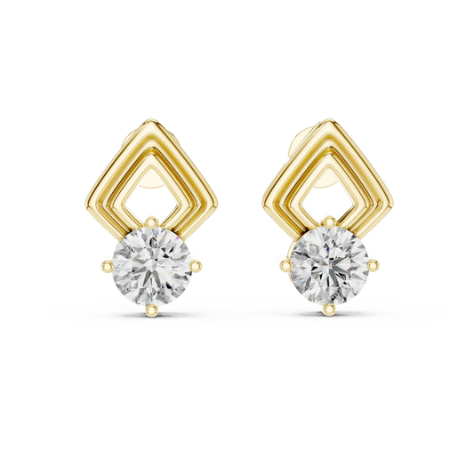 Round moissanite geometric frame stud earrings in yellow 925 sterling silver, view 4