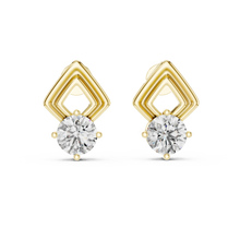 Round moissanite geometric frame stud earrings in yellow 925 sterling silver, view 4