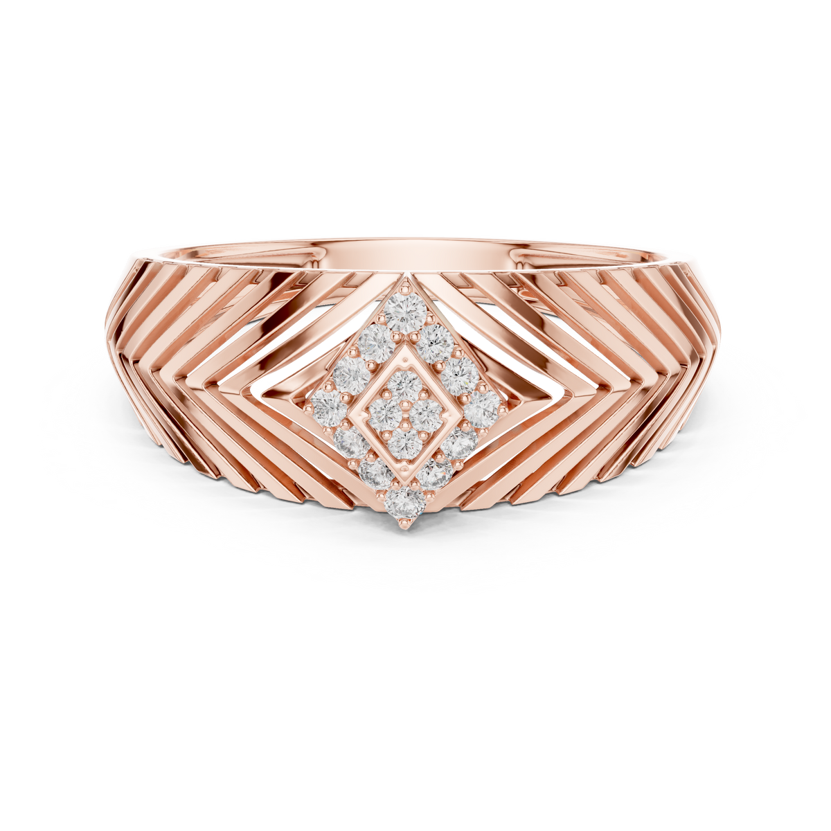 Chevron Rhombus Cluster Moissanite Ring in rose 925 sterling silver, view 4