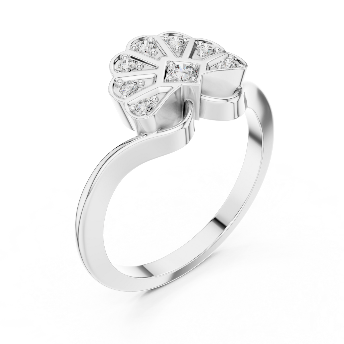 Art Deco Scalloped Fan Moissanite Cluster Ring in white 925 sterling silver, view 2