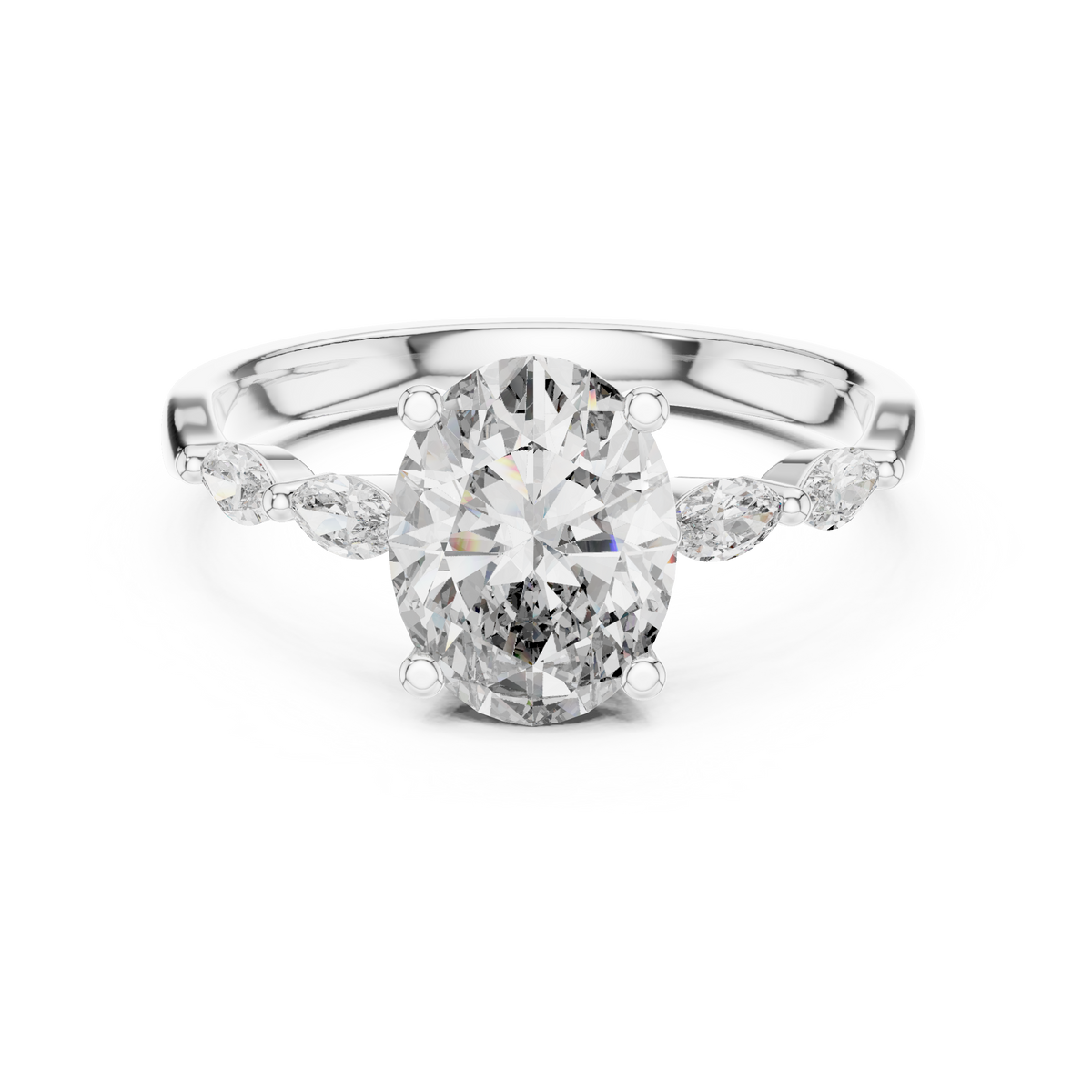 Oval Moissanite Ring with Marquise Accent Shoulders in white 925 sterling silver, view 4
