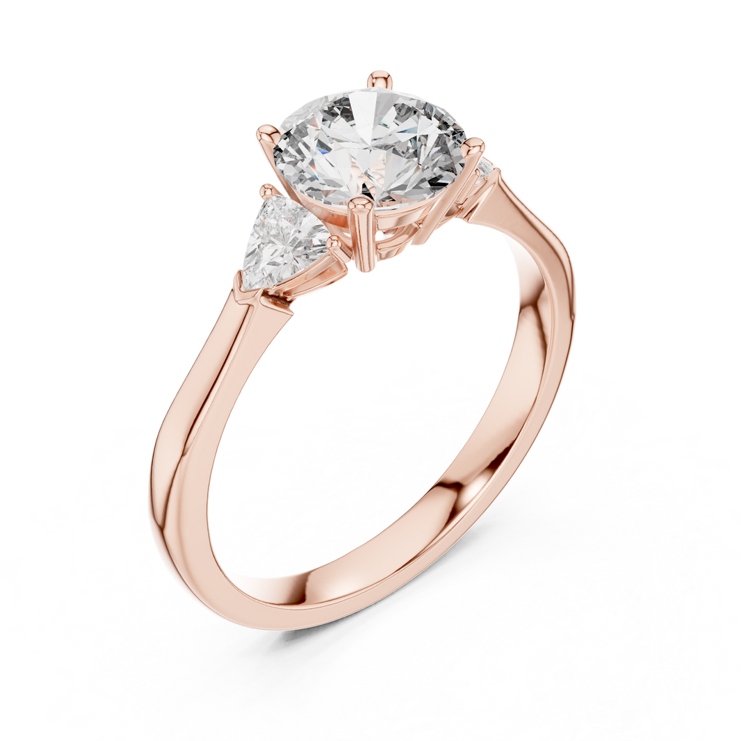 Round and Trillion Three Stone Moissanite Ring in rose 925 sterling silver, view 2