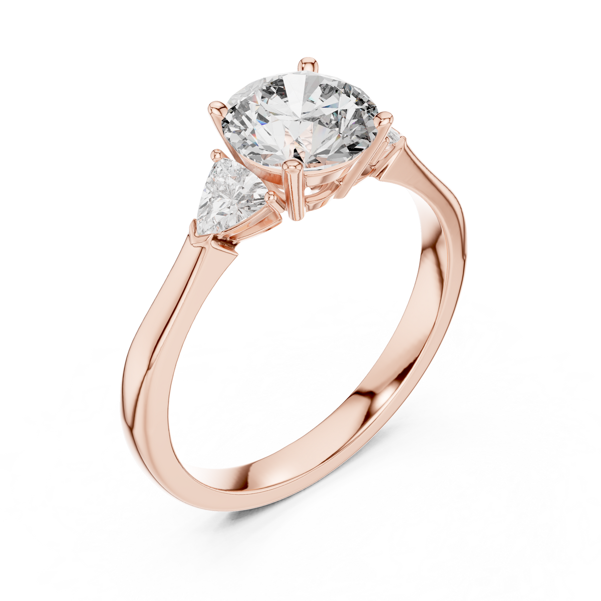 Round and Trillion Three Stone Moissanite Ring in rose 925 sterling silver, view 2