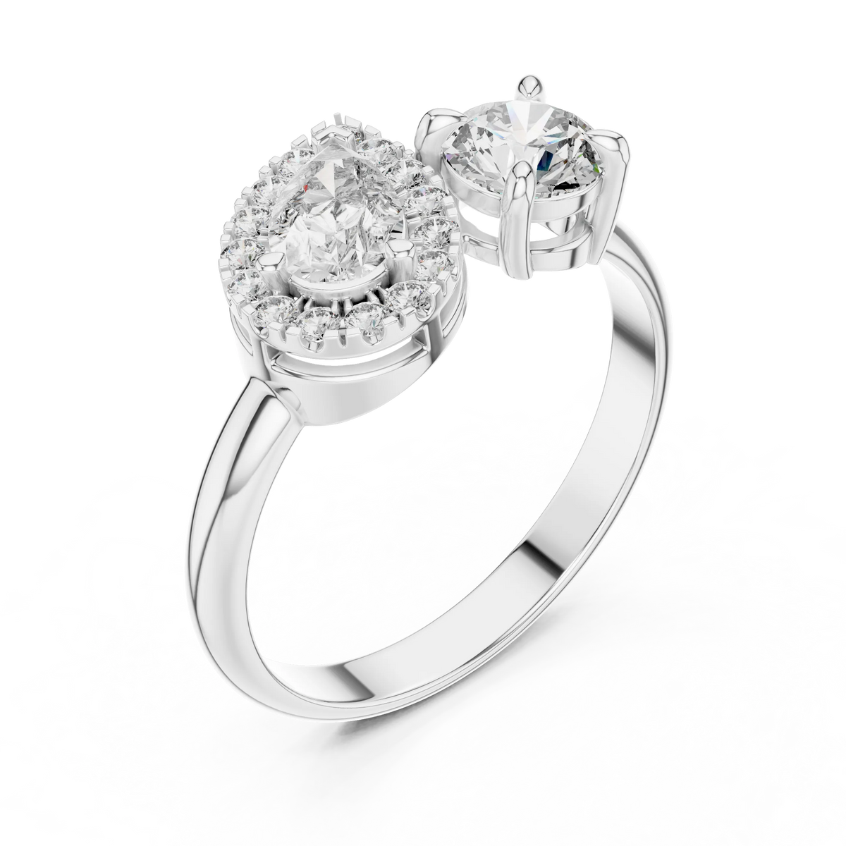 Pear Halo and Round Toi et Moi Moissanite Ring in white 925 sterling silver, view 2