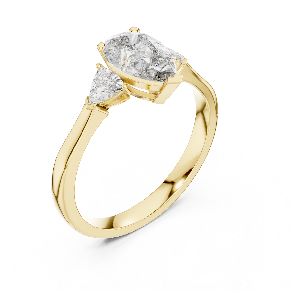 Pear and Trillion Three Stone Moissanite Ring in yellow 925 sterling silver, view 2