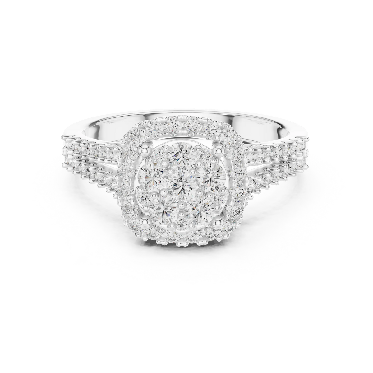 Round Cluster Halo Moissanite Ring with Split Pavé Shank in white 925 sterling silver, view 4