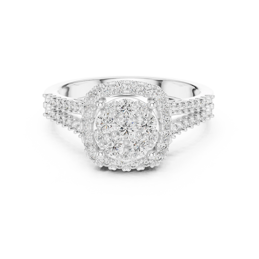 Round Cluster Halo Moissanite Ring with Split Pavé Shank in white 925 sterling silver, view 4