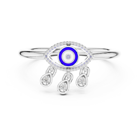 Blue Evil Eye Moissanite Charm Ring in white 925 sterling silver, view 4