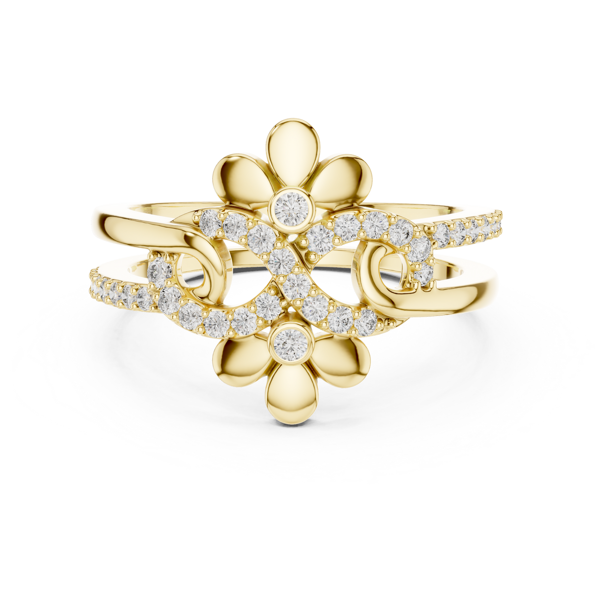 Double Flower Infinity Swirl Moissanite Ring in yellow 925 sterling silver, view 4
