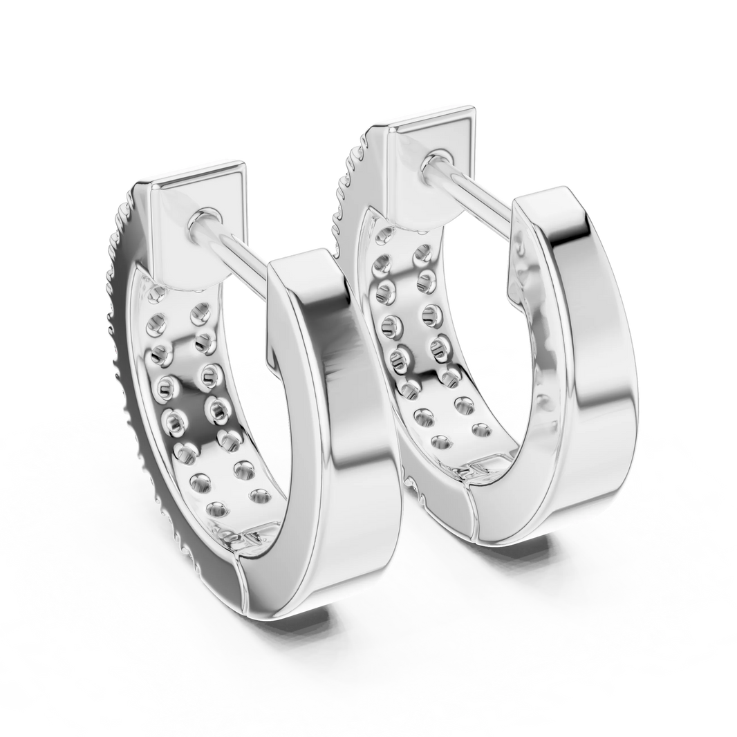 Moissanite double row pave huggie earrings in white 925 sterling silver, view 3
