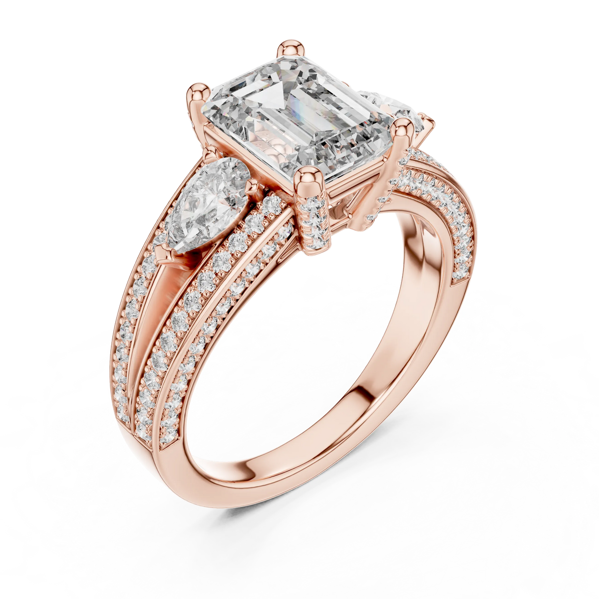 Emerald Cut Moissanite Ring with Pear Sides and Split Pavé Shank in rose 925 sterling silver, view 2