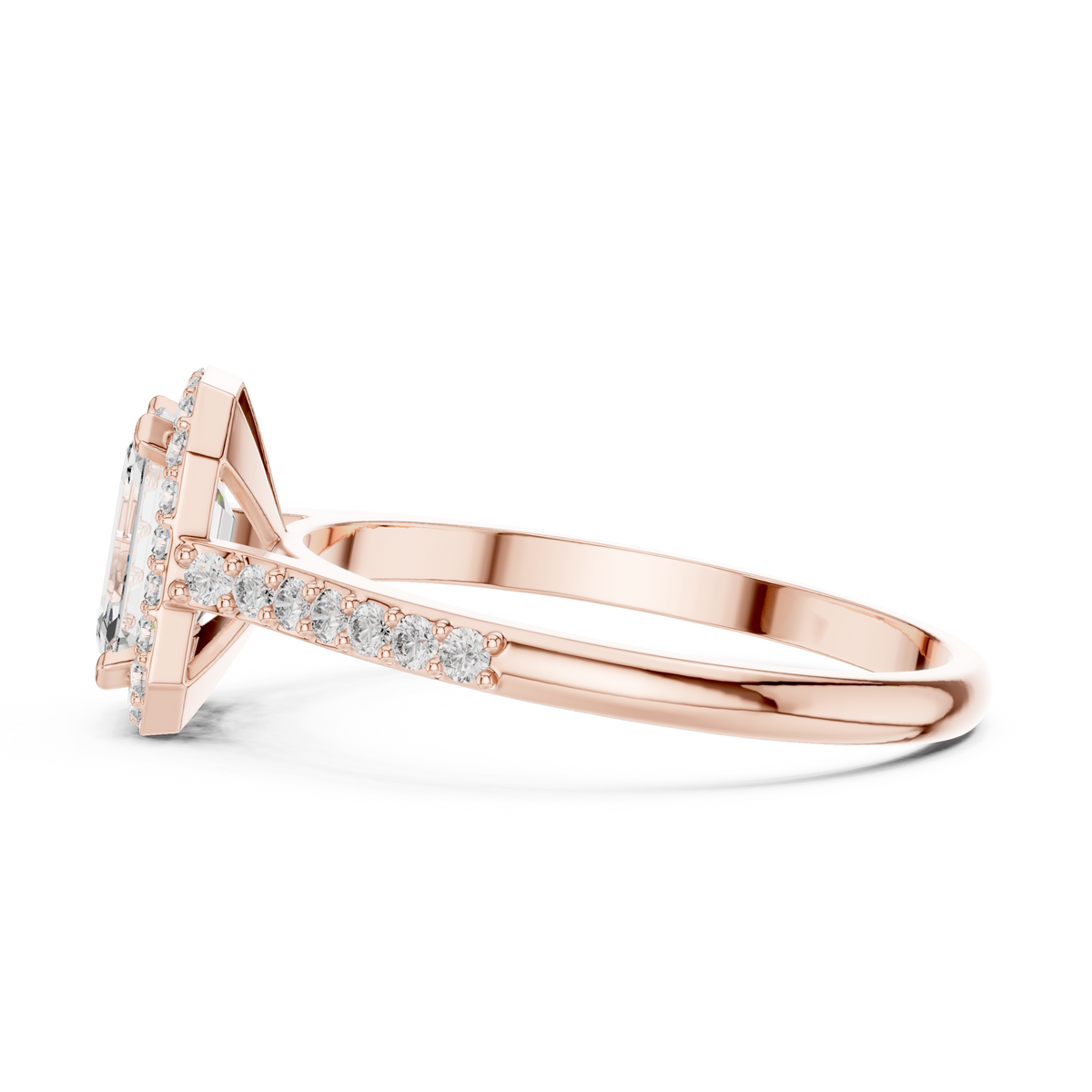 Emerald Cut Halo Moissanite Ring with Pavé Shoulders in rose 925 sterling silver, view 3