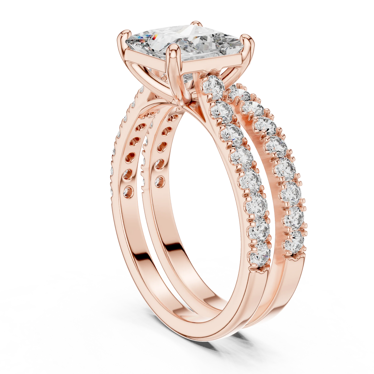 Princess Cut Moissanite Double Pavé Band Ring in rose 925 sterling silver, view 1