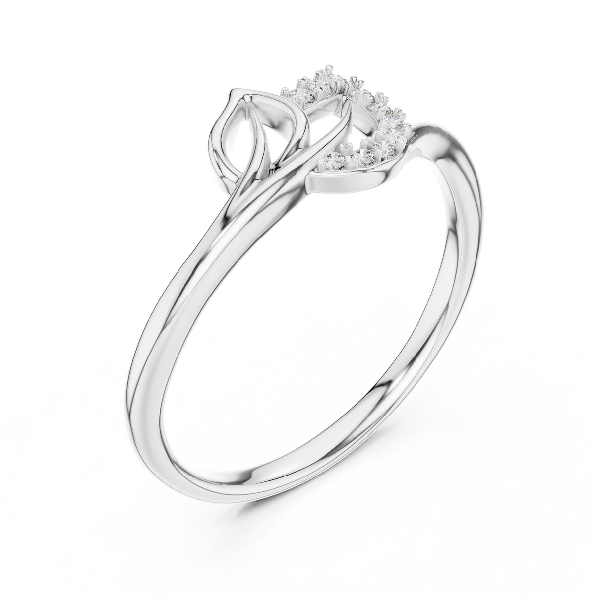 Open Leaf and Crescent Moissanite Ring in white 925 sterling silver, view 2