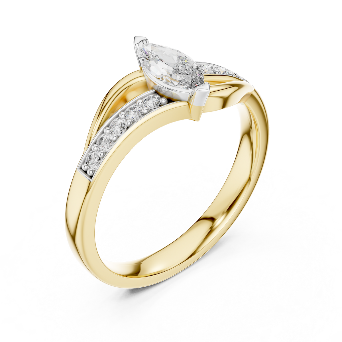 Marquise Bypass Moissanite Ring with Pavé Shoulders in yellow 925 sterling silver, view 2