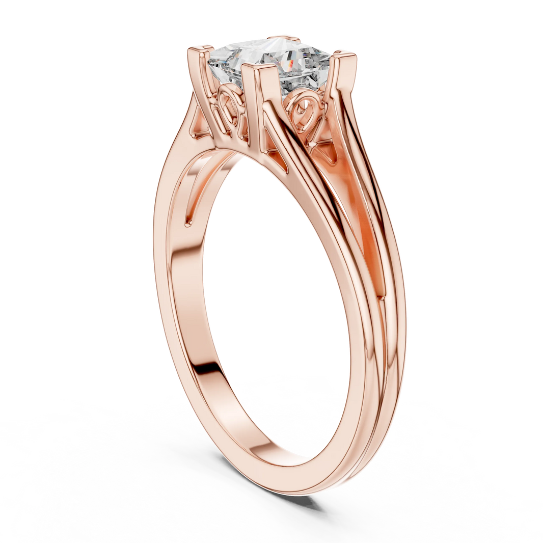 Princess Cut Solitaire Moissanite Split Shank Ring in rose 925 sterling silver, view 1