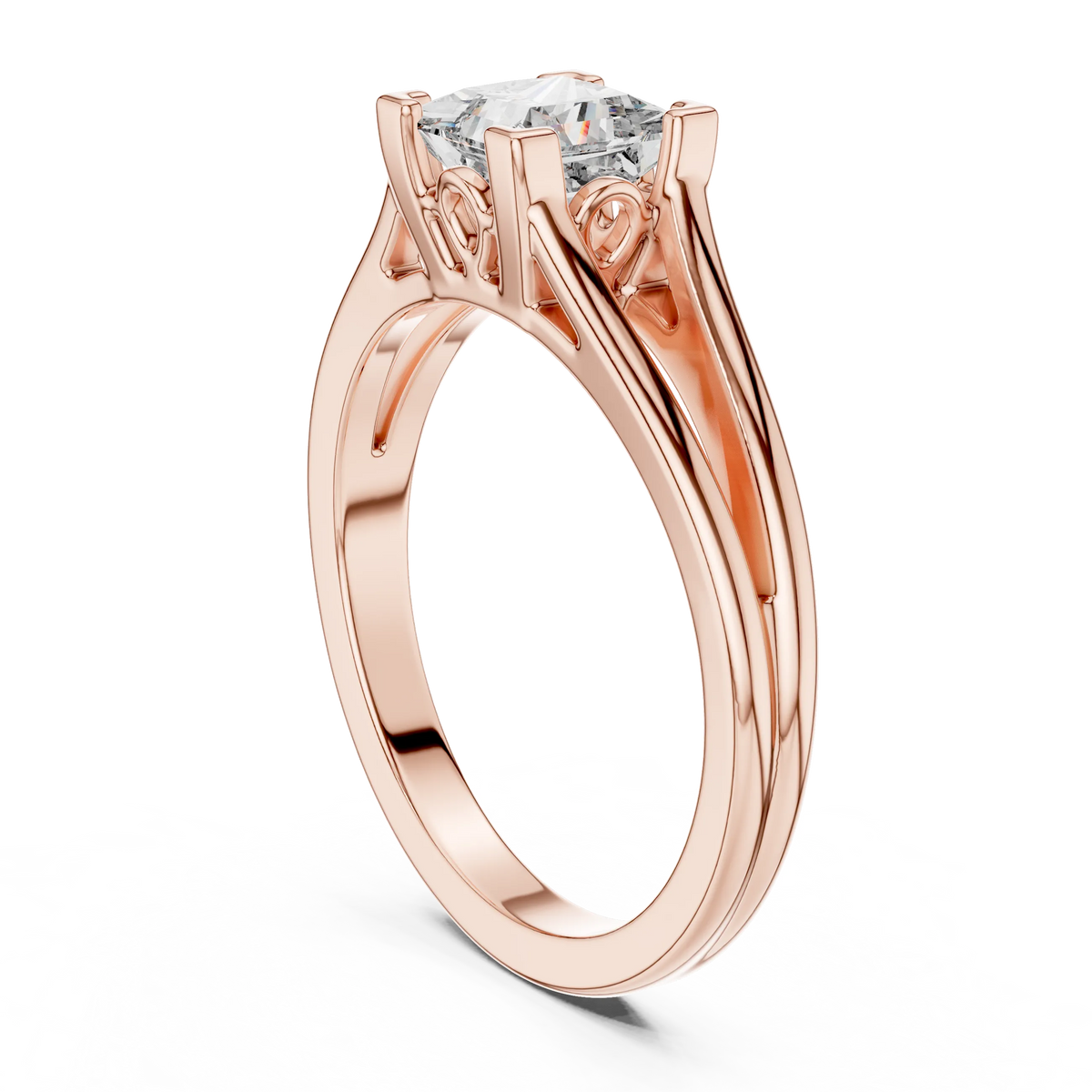 Princess Cut Solitaire Moissanite Split Shank Ring in rose 925 sterling silver, view 1
