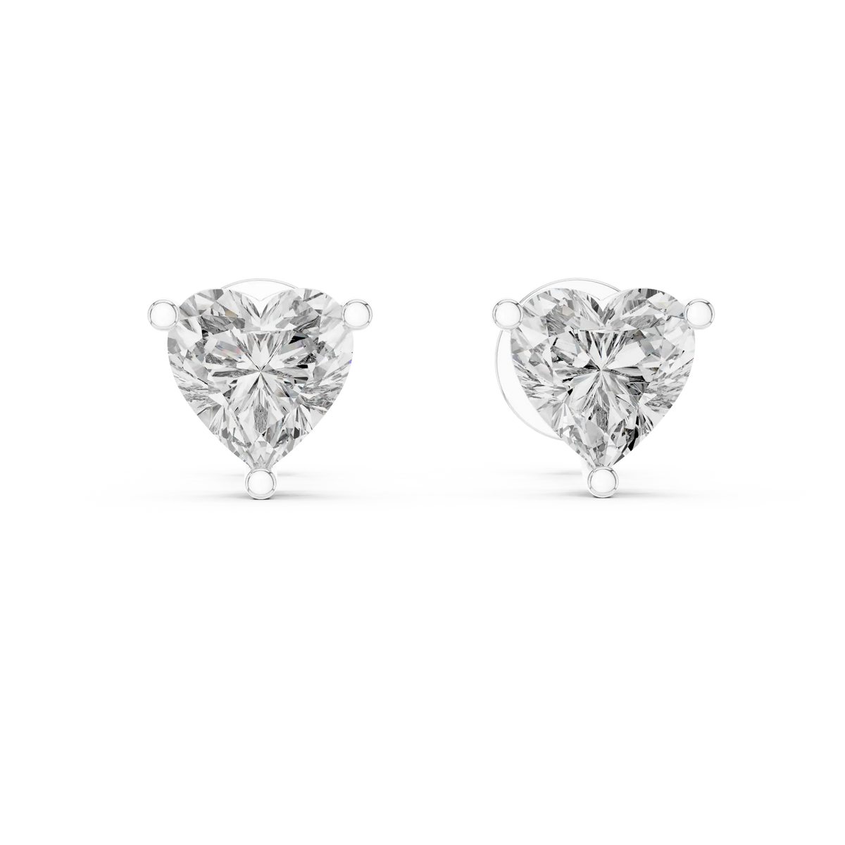 Heart moissanite stud earrings in white 925 sterling silver, three-prong basket, view 4