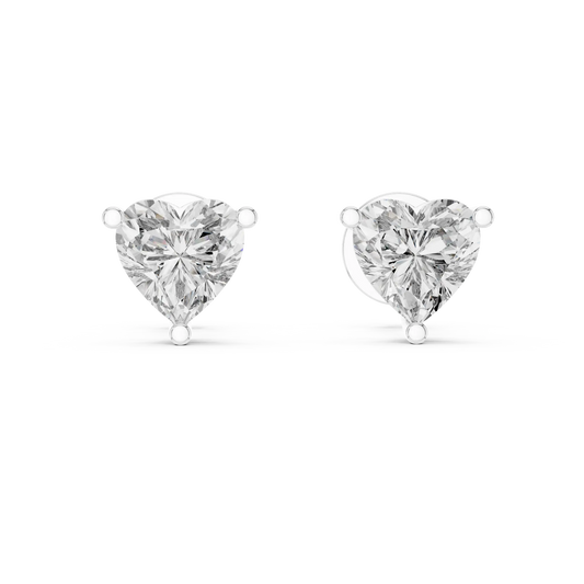 Heart moissanite stud earrings in white 925 sterling silver, three-prong basket, view 4
