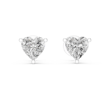 Heart moissanite stud earrings in white 925 sterling silver, three-prong basket, view 4