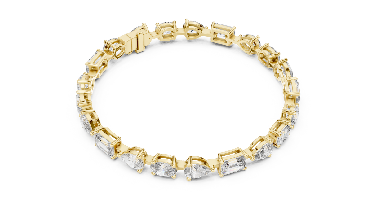 Oval Pear and Emerald Moissanite Tennis Bracelet in yellow 925 sterling silver, view 3