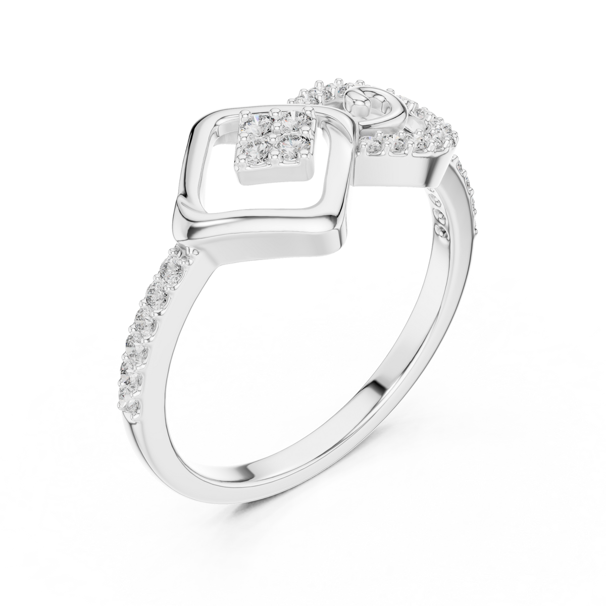 Open Square Cluster and Swirl Moissanite Ring in white 925 sterling silver, view 2