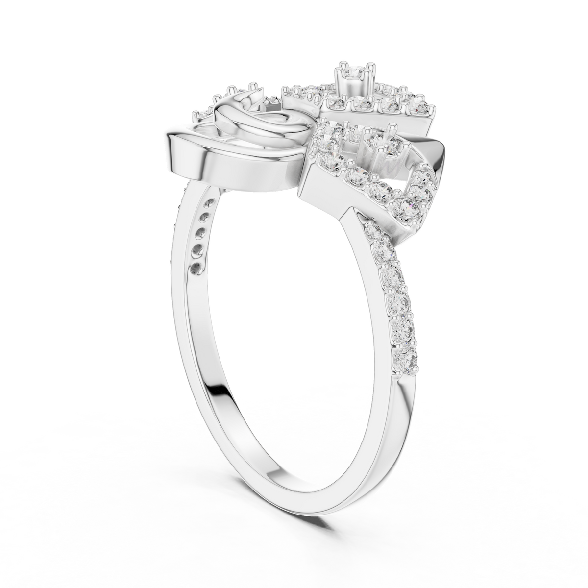 Geometric Pavé Fan and Swirl Moissanite Ring in white 925 sterling silver, view 1