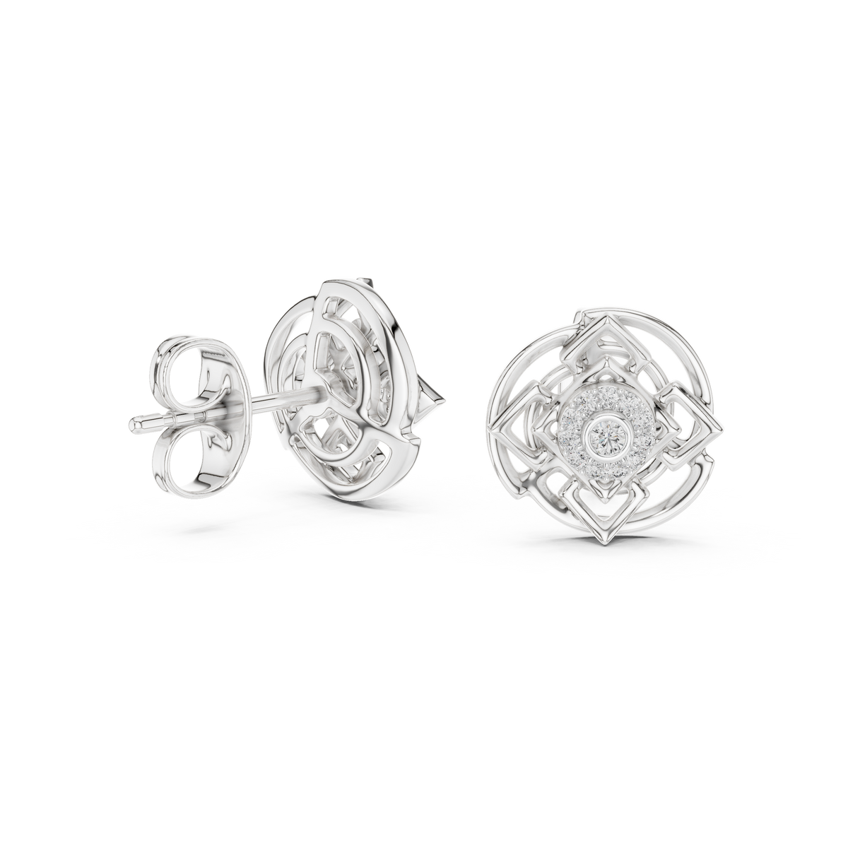 Moissanite Knot Halo Stud Earrings in white 925 sterling silver, view 1
