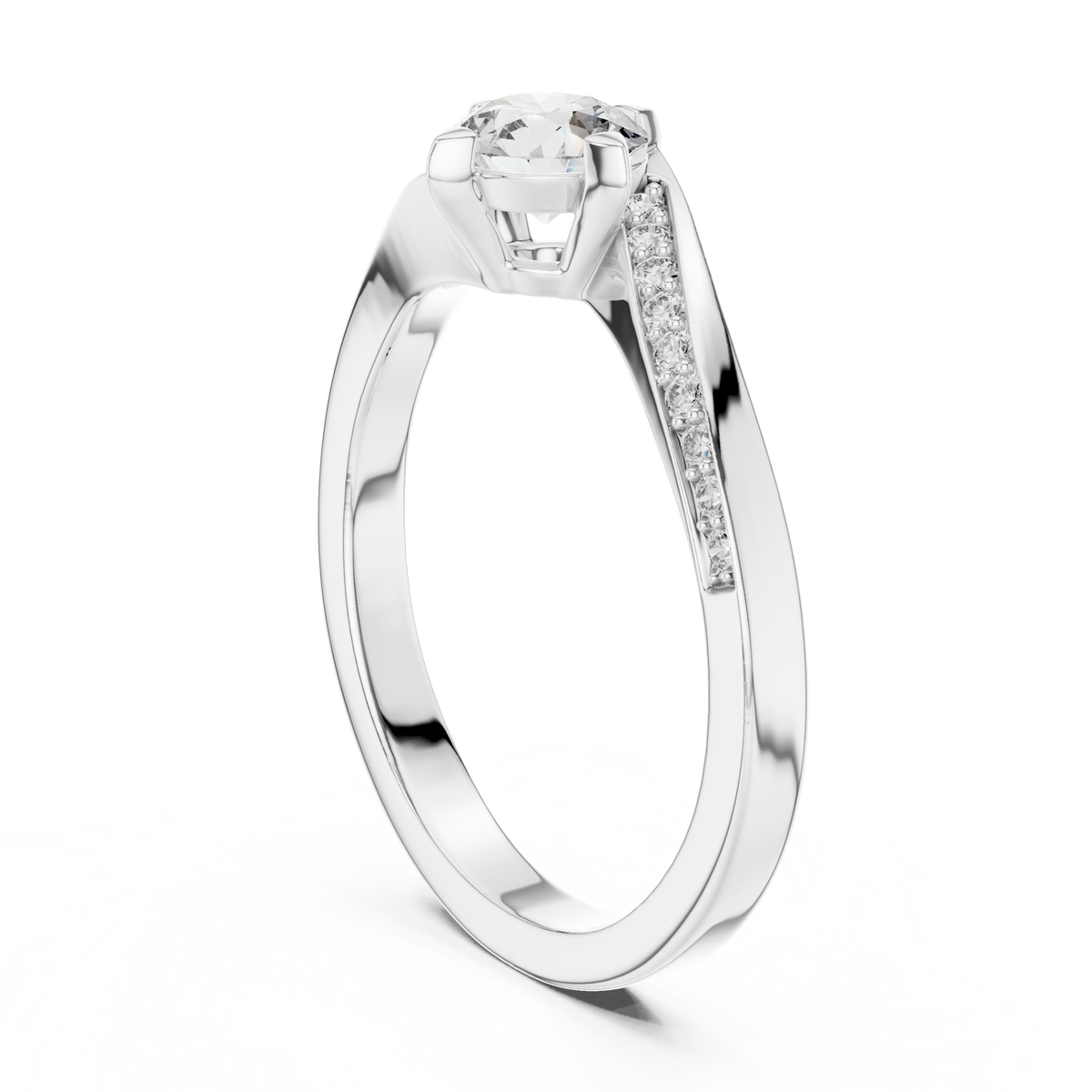 Bypass Solitaire Moissanite Ring with Pavé Shoulders in white 925 sterling silver, view 1
