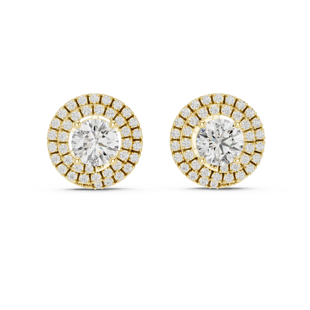 Round moissanite double halo stud earrings in yellow 925 sterling silver, view 4