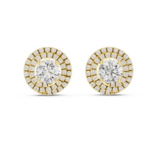 Round moissanite double halo stud earrings in yellow 925 sterling silver, view 4