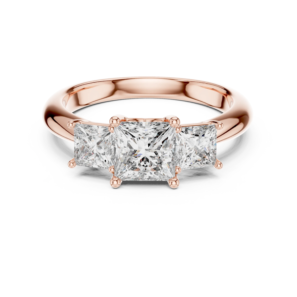 Princess Cut Three Stone Moissanite Ring in rose 925 sterling silver, view 4
