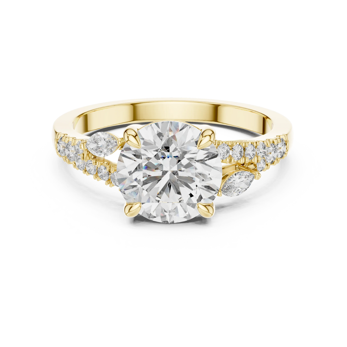 Round Moissanite Engagement Ring with Marquise Accents in yellow 925 sterling silver, view 4